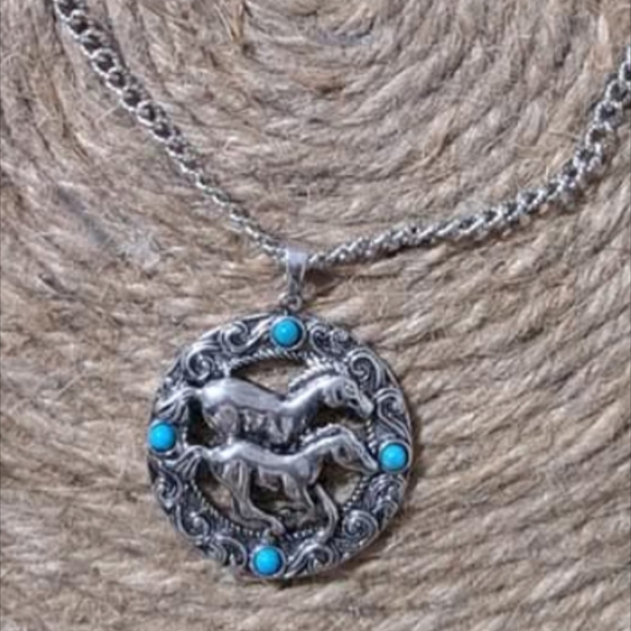 Silver and Turquoise Horses Pendant Necklace - Picture 2 of 4